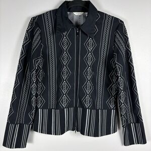 Ravel Women's Large Black White Argyle Striped Pattern Full Zip Long Sleeve Top